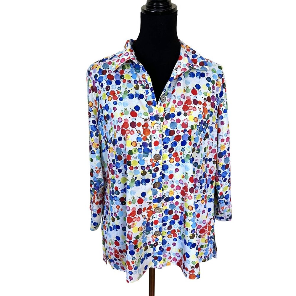 John Mark Womens Blouse Multicolor Polka Dot Button Up Shirt 3/4 Sleeves Medium